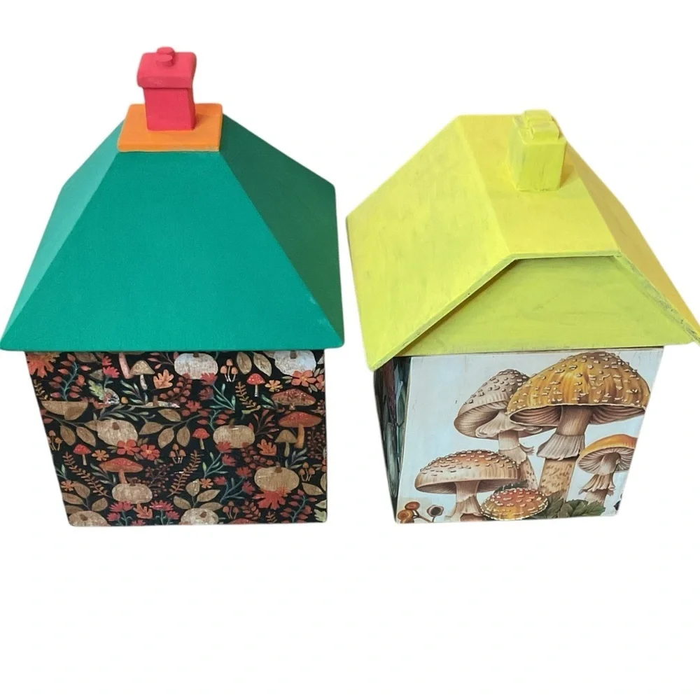 Vintage Handcrafted Folk Wooden Boxes Set of 2 Mushroom Floral Paper